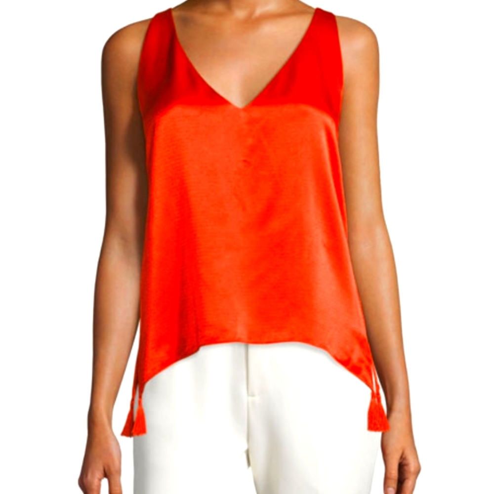 Foundrae Red sleeveless satin silk top cross back in Flame size 6